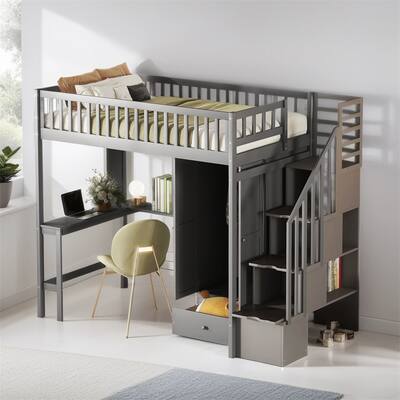 Twin size Loft Bed with Bookshelf,Drawers,Desk,and Wardrobe