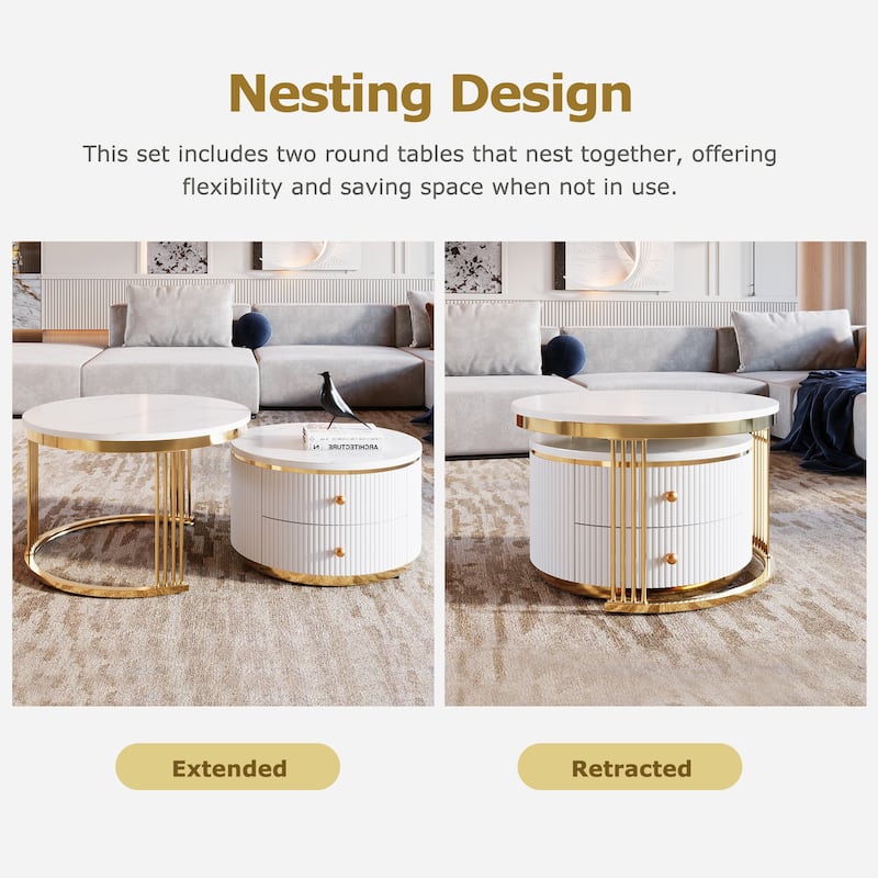 Modern 2 Pieces White Round Nesting Coffee Table