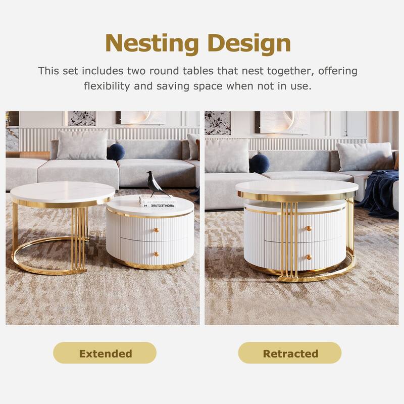 Roomfitters Modern 2-Piece White Round Nesting Coffee Table Set with Gold Base and Storage Drawers 27.6"