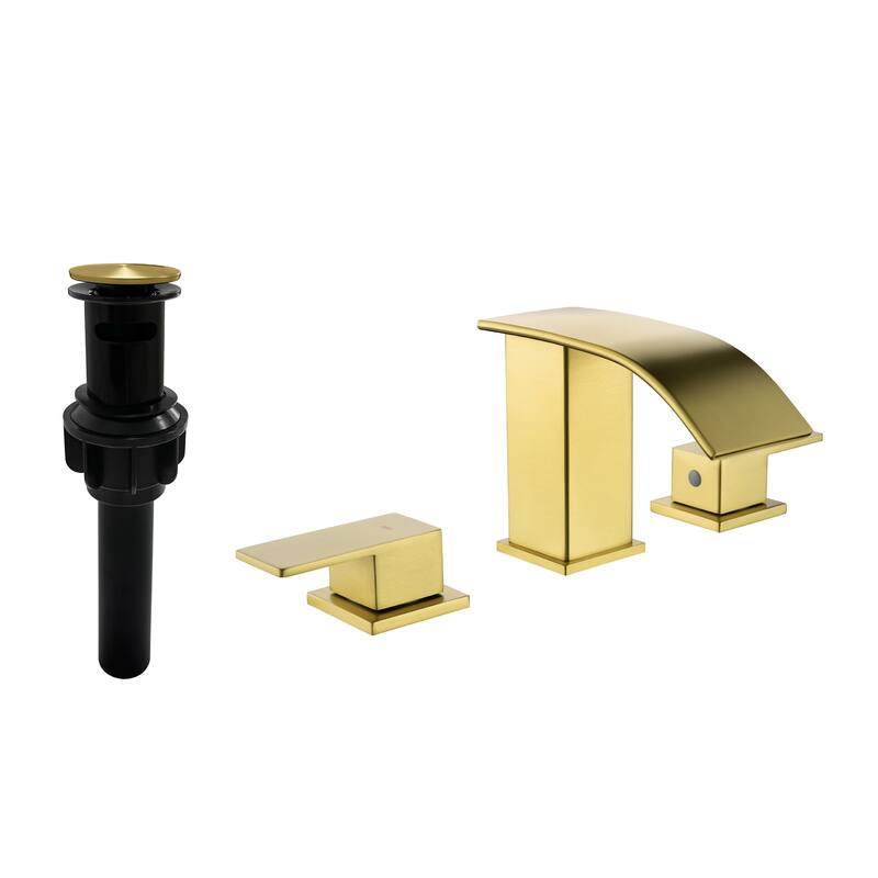 8 Inch Widespread Waterfall Bathroom Faucet with Pop-up Drain Kit Modern Double Handle Bathroom Sink Basin Vanity Faucet 3 Holes - Brushed Gold