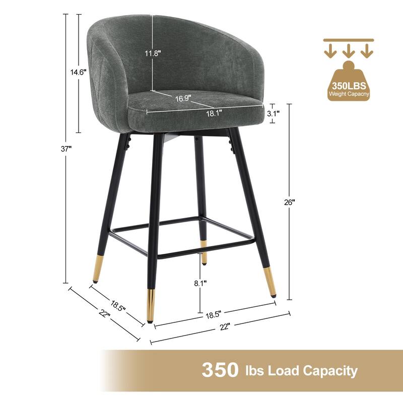 26" Counter Height Swivel Barstool with Arms and Metal Legs - 37"H x 22"W x 22"D