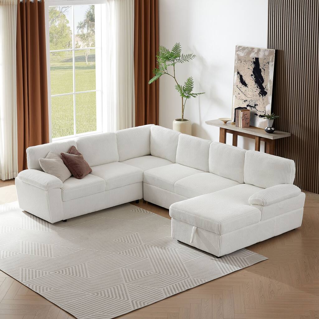 Modular Corduroy Upholstered Convertible Sectional Sofa with Storage