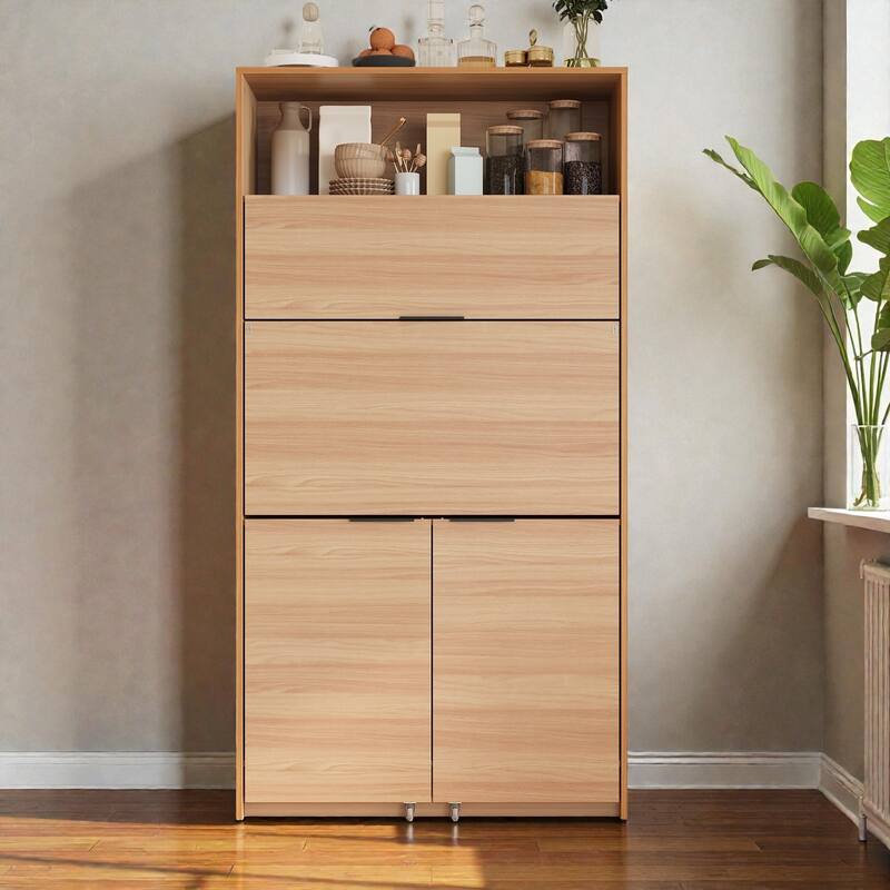 Compact Kitchen Pantry Cabinet with Hutch, Foldable Workstation, Power Outlet, 69 Inch Buffet Storage