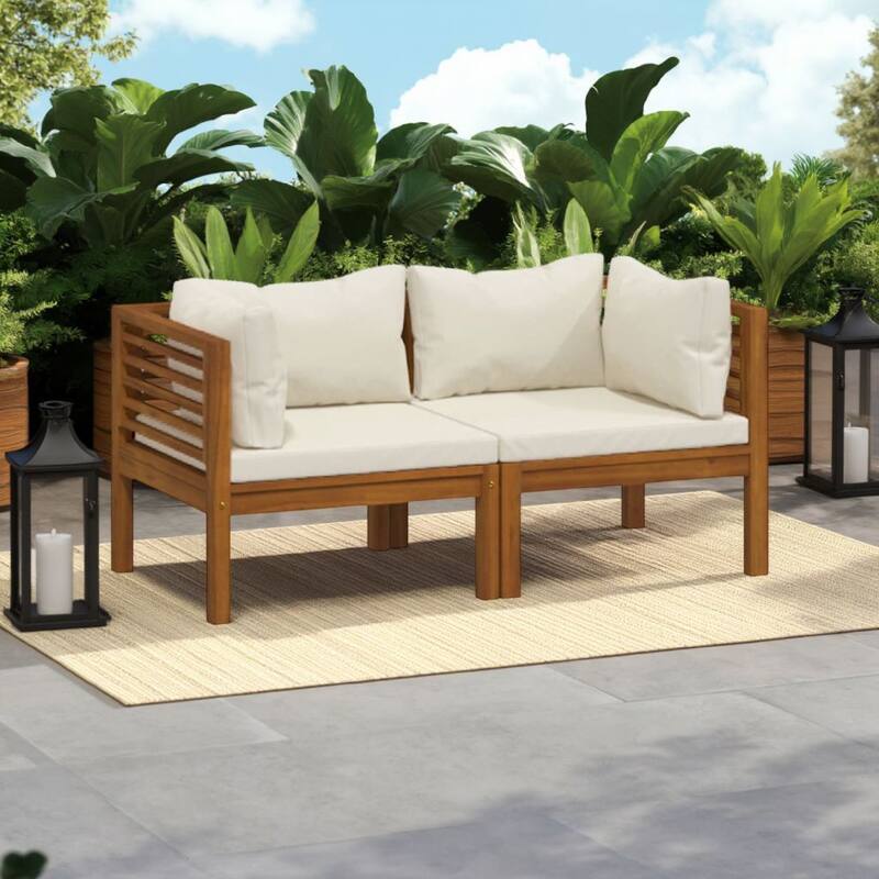 Luna 2pc Modular Outdoor Sofa, Cream 27 Inch Slatted Solid Acacia Wood