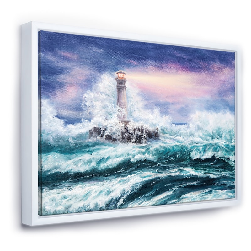 Designart "Lighthouse Wild Blue Ocean Waves" Nautical & Coastal Framed Canvas Wall Art Print