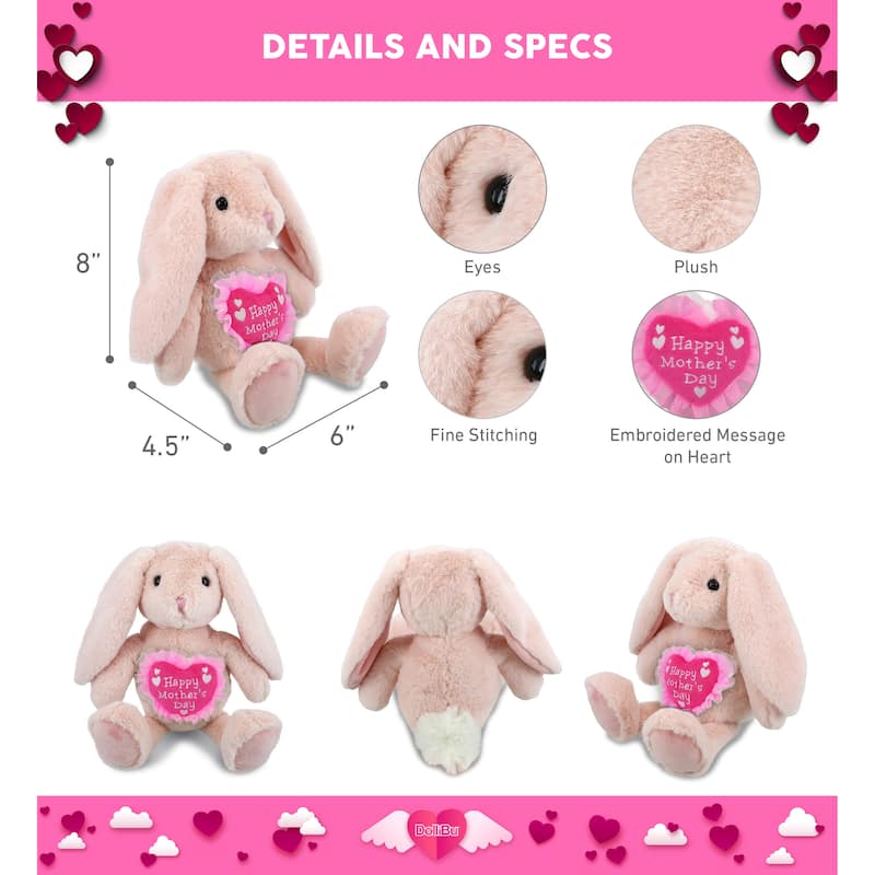DolliBu Mother’s Day Super Soft Plush Baby Pink Rabbit With Pink Heart - 8 inches