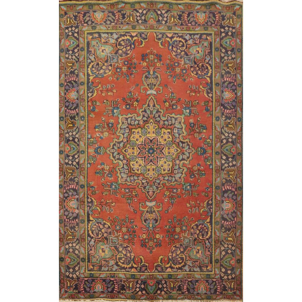Hand Knotted Oriental 100% Wool Carpet Traditional Floral Oranges & Rust Tabriz Area Rug - 9' 5'' X 6' 5''