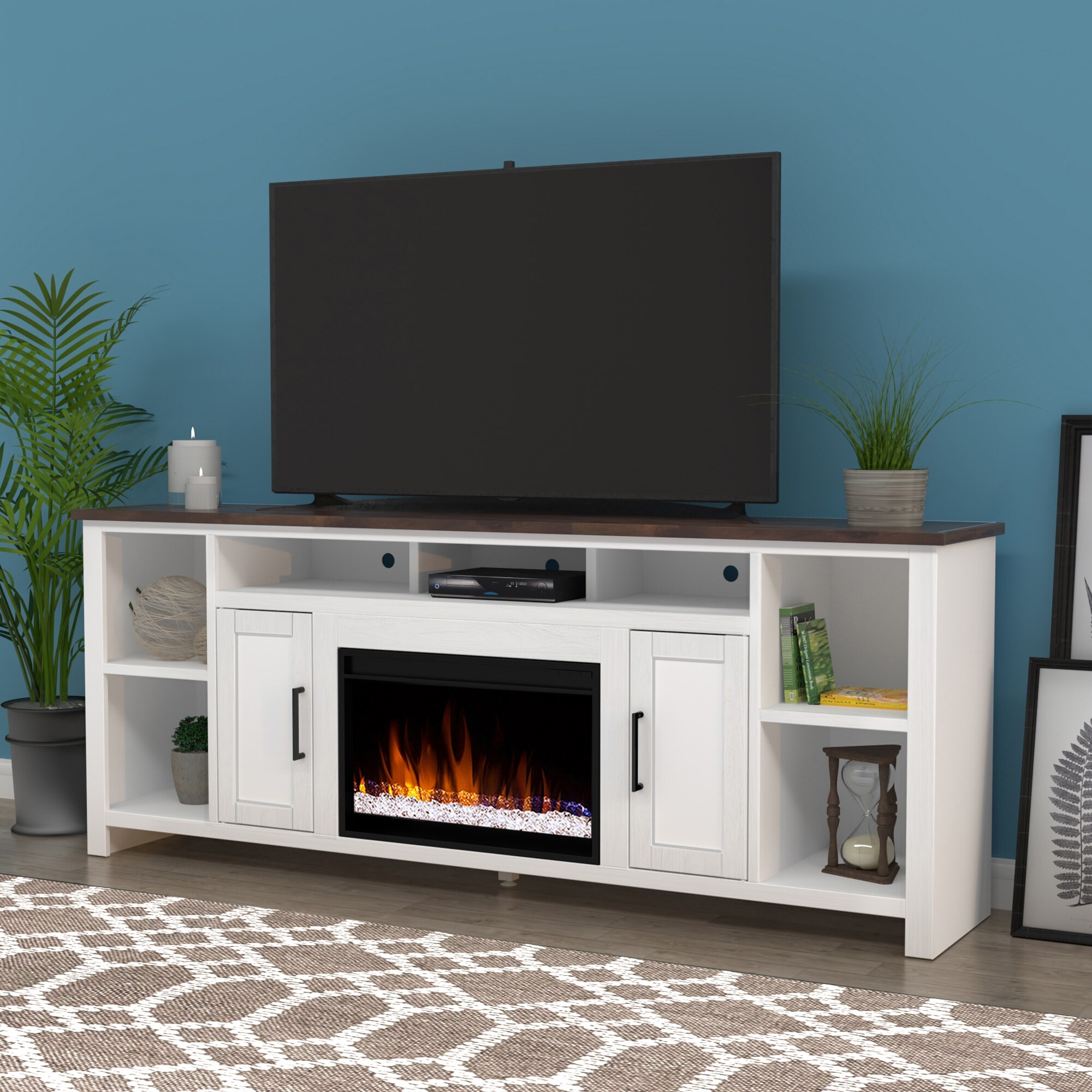 Shop 86 Inch White Rustic Media Tv Stand W Electric Fireplace