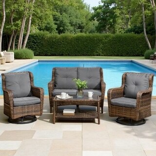 4 Piece Outdoor Patio Wicker Conversation Set with Loveseat, 2 Swivel ...