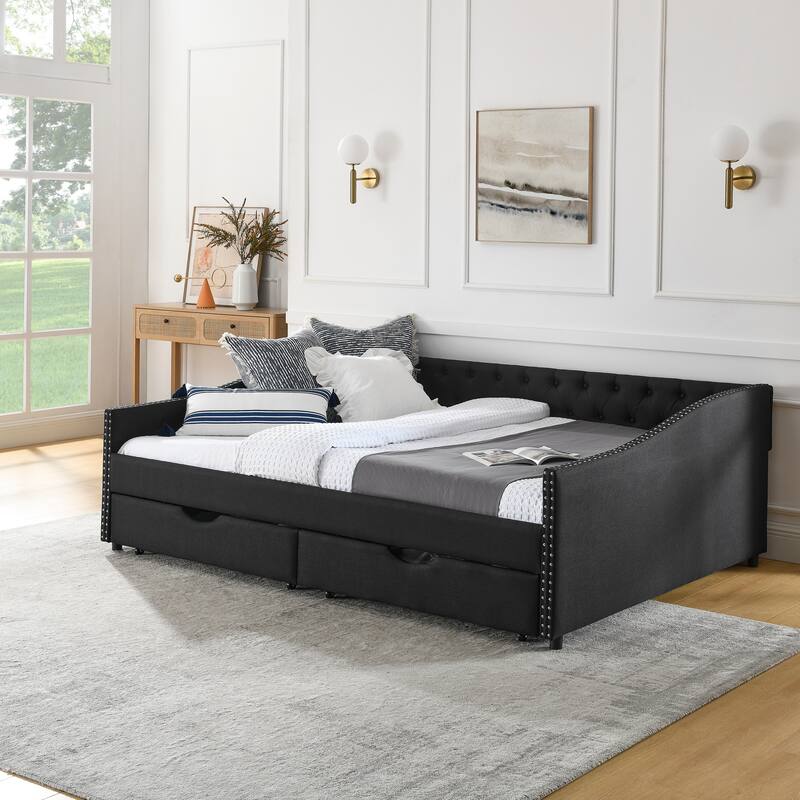 Roomfitters Twin/Full/Queen Upholstered Daybed with Tufted Backrest, Nailhead Trim and Underbed Storage Trundle