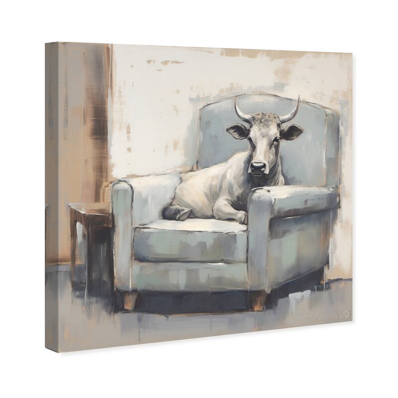 Wynwood Studio Canvas Animals Cow in the Armchair Gray and Farmhouse Wall Art Canvas Print