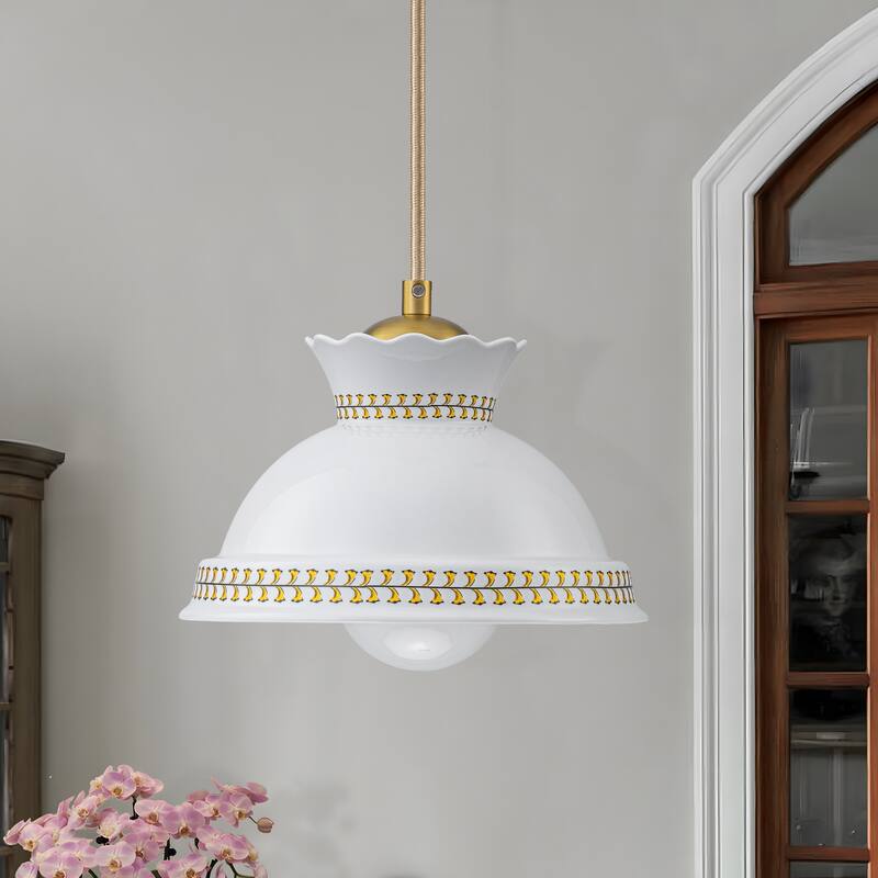 8.46 in. White Ceramic 1-Light Pendant, Adjustable Hanging Chandelier