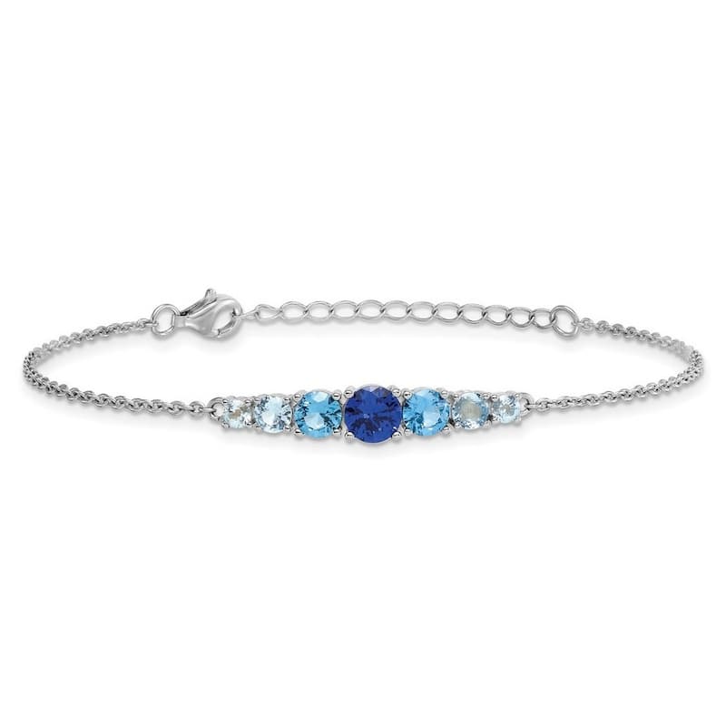 Curata 925 Sterling Silver 7" Hombre Lab Spinel, Aquamarine and CZ Graduated Bracelet