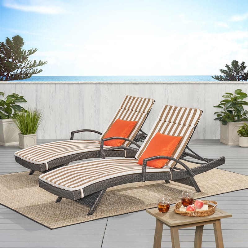 Vilano Outdoor Cushioned Lounge Chair (Set of 2) by Christopher Knight Home - Grey/Brown White Stripe