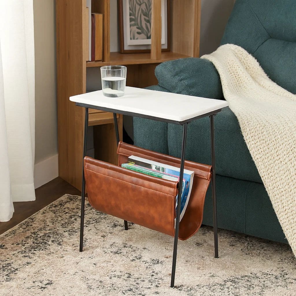 Marble Top Accent Table with Faux Leather Swing Holder, White and Brown