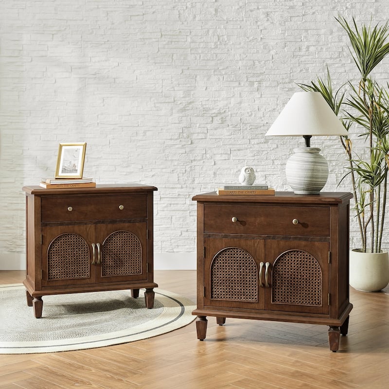Georg Traditional 1-Drawer and Faux rattan-Door End Table with Power Outlet and Adjustable Shelf Set of 2 by HULALA HOME
