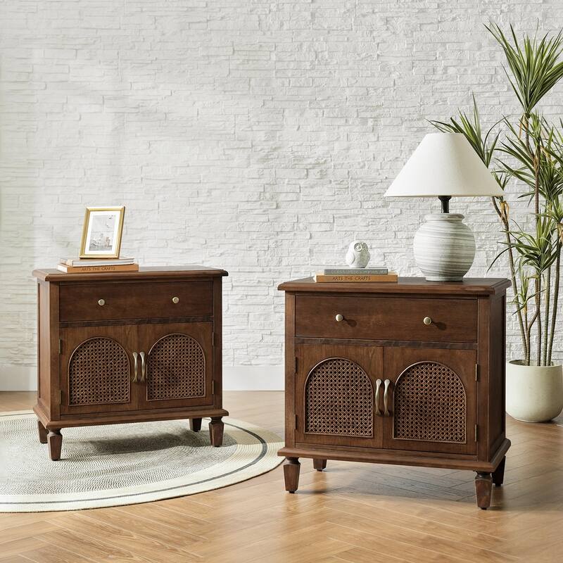 Georg Traditional 27"Tall Rattan Nightstand with Adjustable Feet Set of 2 by HULALA HOME - Walnut