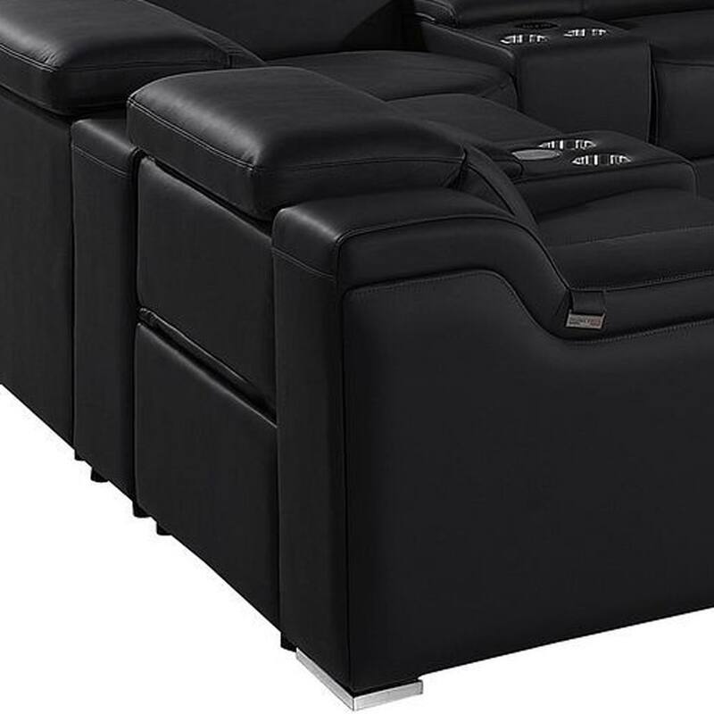 HomeRoots Black Italian Leather Power Reclining U Shaped Twelve Piece Corner Sectional With Console