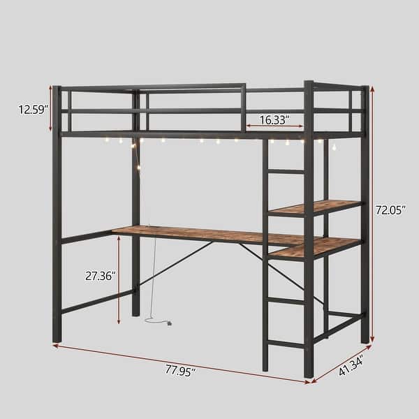 Twin Loft Bed w/L-Shaped Desk, Shelves, Charging Station, LED Lights, Safety Guard, No Box Spring Needed (Brown Wood).