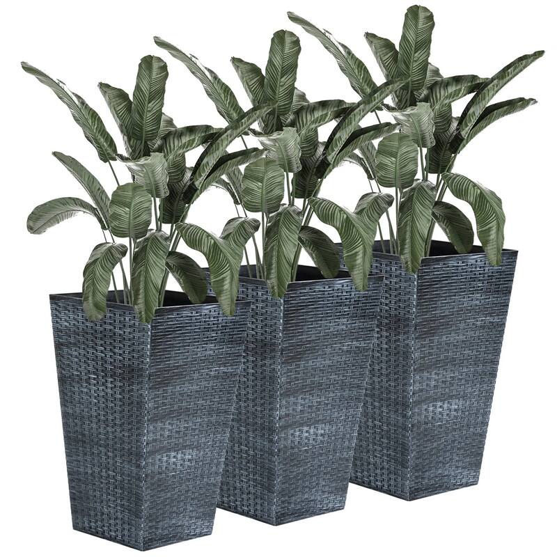 Set of 3 Tall Rattan Style Planter Pots UV Resistant Plastic with Drainage for Indoor and Outdoor Use - Gray