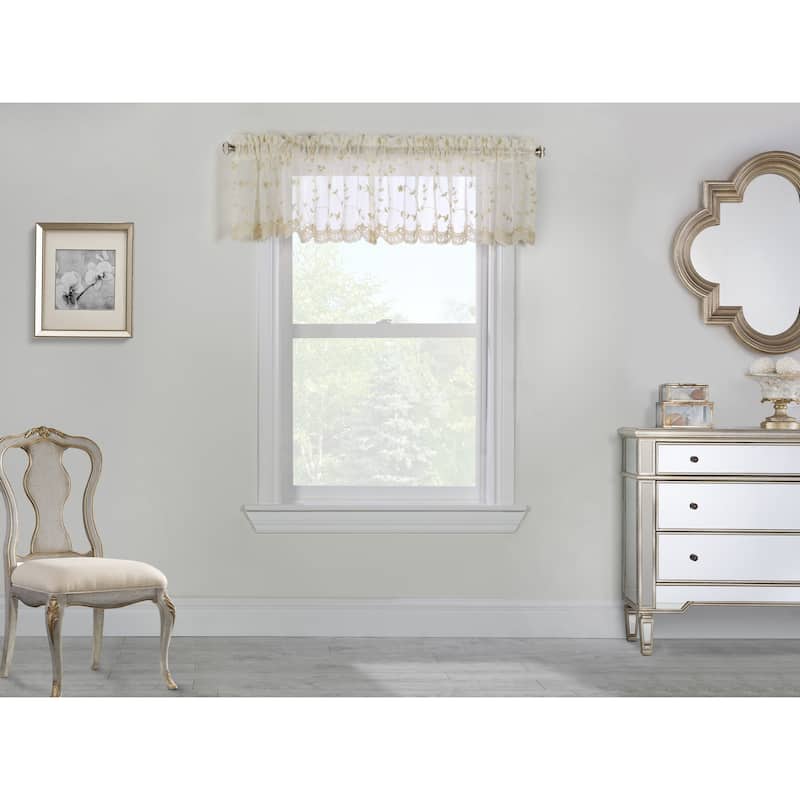 Grandeur Embroidered Sheer Curtain Valance and Tiers with Scallop Detail - 52" x 17" - Cream