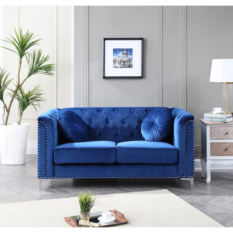 Pompano Velvet Button Tufted Loveseat - Navy Blue