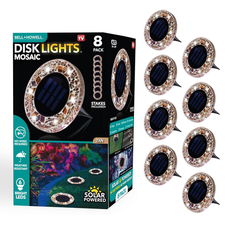 Bell + Howell Round Mosaic Solar Powered Disk Lights with Auto On/Off 8 Pack - Brown