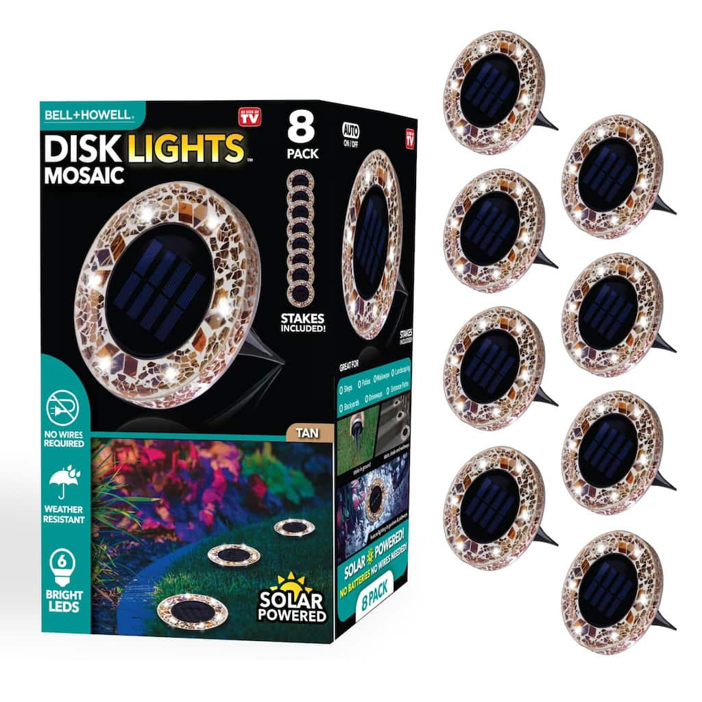 Bell + Howell Round Mosaic Solar Powered Disk Lights with Auto On/Off 8 Pack - Brown