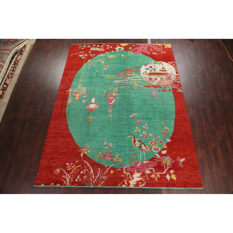 Vegetable Dye Animal Pictorial Art Deco Area Rug Handmade Wool Carpet - 10'3" x 13'7"