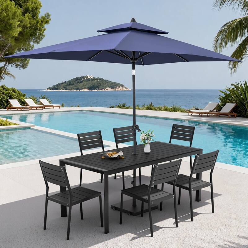 9-Piece Outdoor Patio Dining Set Wood Like Aluminum Umbrella Hole Table with Stackable Chairs, Market Umbrella and Wheel Base - BlackTable&BlackChairs&NavyBlueUmbrella