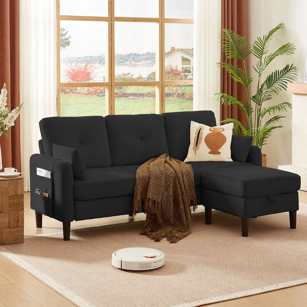 77.17" Corduroy Sectional Sofa with Storage Ottoman and Side Storage Pocket