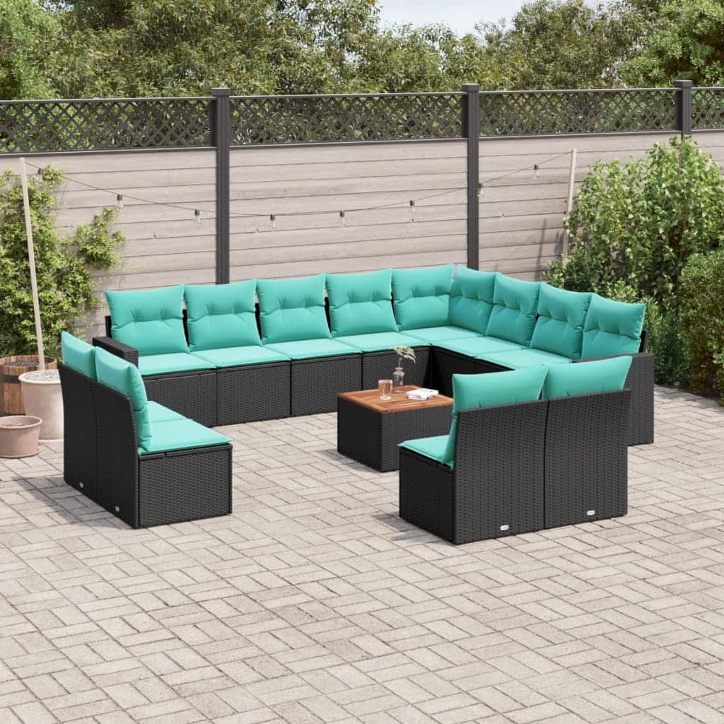 vidaXL 13 Piece Patio Sofa Set with Cushions Black Poly Rattan - 24.4x24.4x27.2