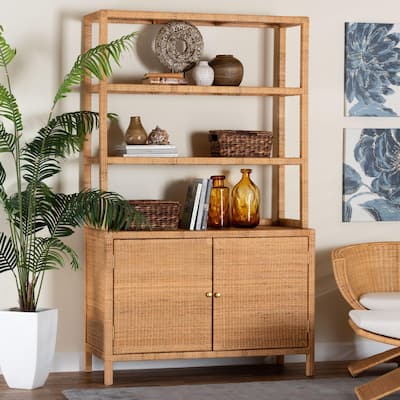 Mortis Natural Rattan Display Shelf with 2-Door Storage Cabinet - Coastal Boho Wicker Bookcase or Hutch for Living Room