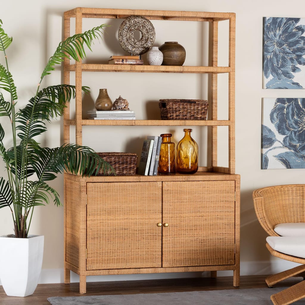 Mortis Natural Rattan Display Shelf with 2-Door Storage Cabinet - Coastal Boho Wicker Bookcase or Hutch for Living Room