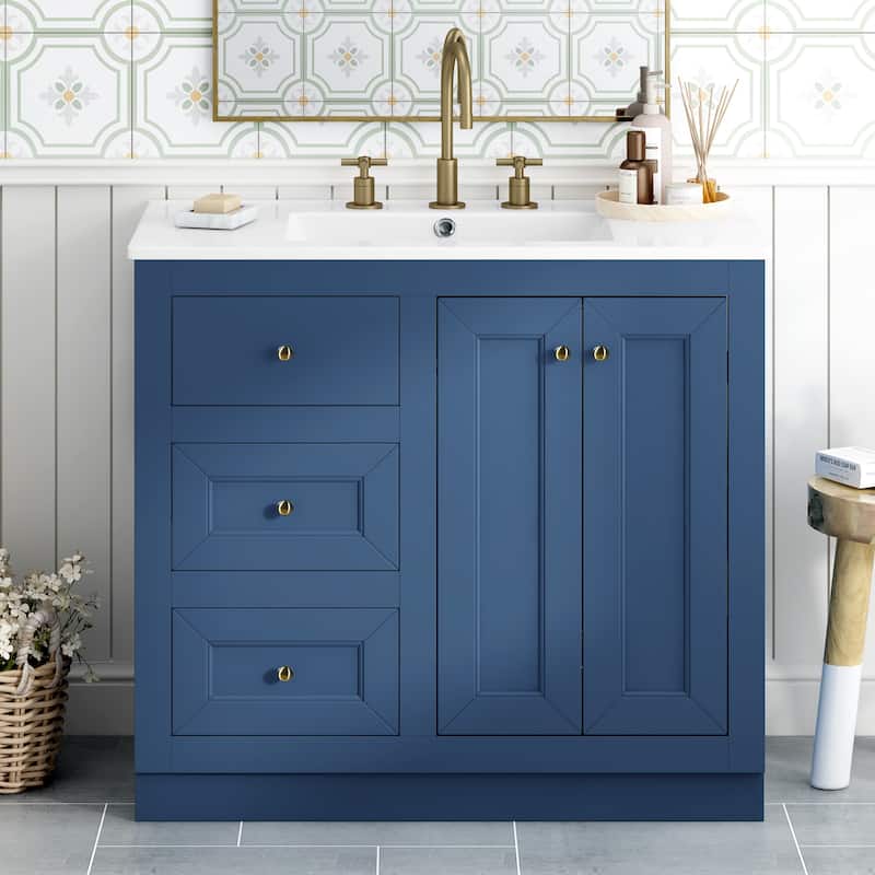 36 Inch Bathroom Vanity with Ceramic Sink, Vanity Base & Ceramic Basin Combo, Solid Wood Bathroom Storage Cabinet - 36 Inch