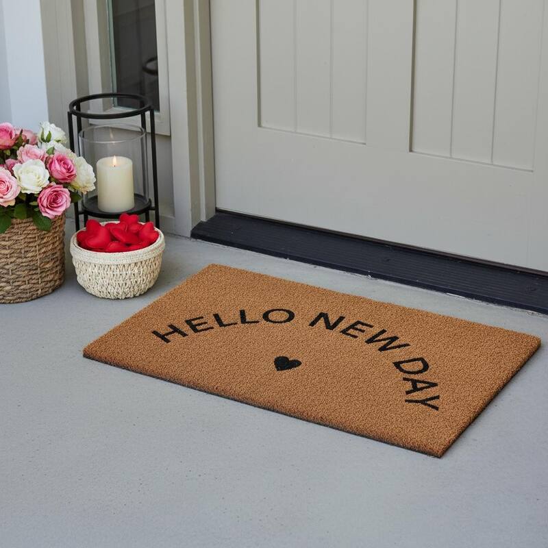 HomeRoots 17" X 29" Brown And Black Hello New Day Outdoor Coir Door Mat - 17.00' X '29.00 - 17.00' X '29.00