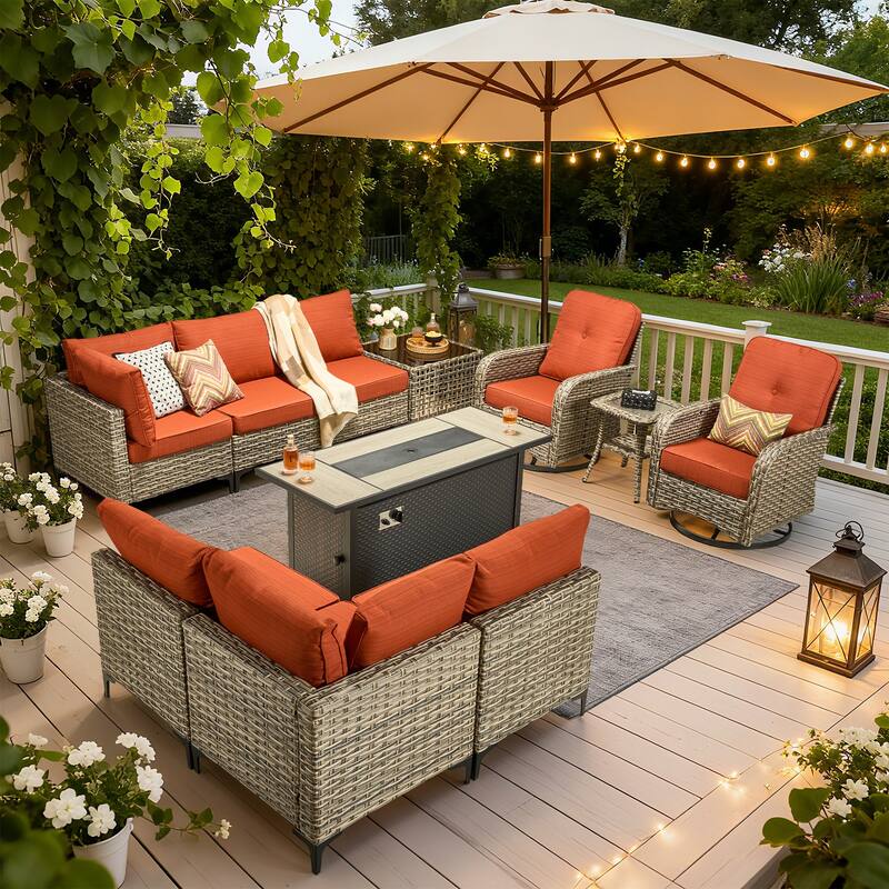 HOOOWOOO 11-piece Outdoor Patio Sofa Wicker Furniture Swivel Chair Set with 54" Fire Pit Table - Red/Orange