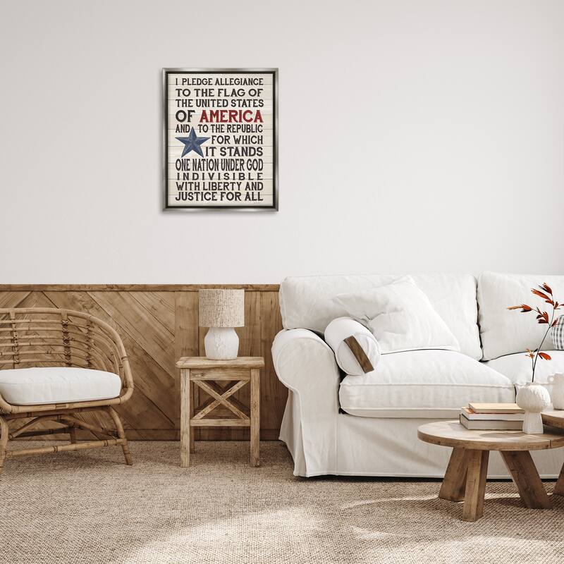 Stupell Pledge of Allegiance Stars and Stripes Americana Rustic Wood Look Sign Floater Frame - Multi-Color