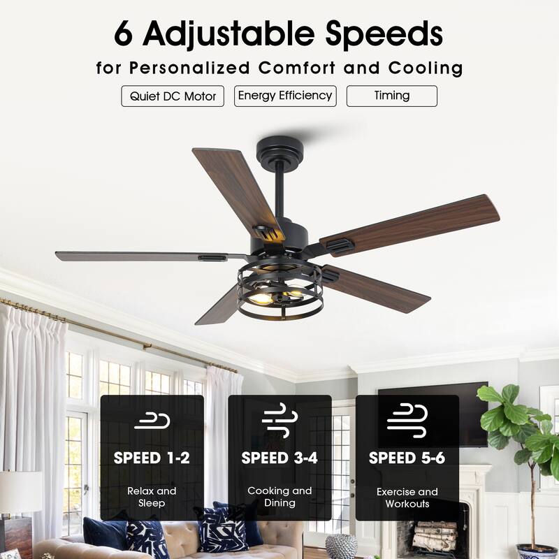 Vaczon 52" Industrial Reversible Wood 5-Blade Black Ceiling Fan with Light and APP Control
