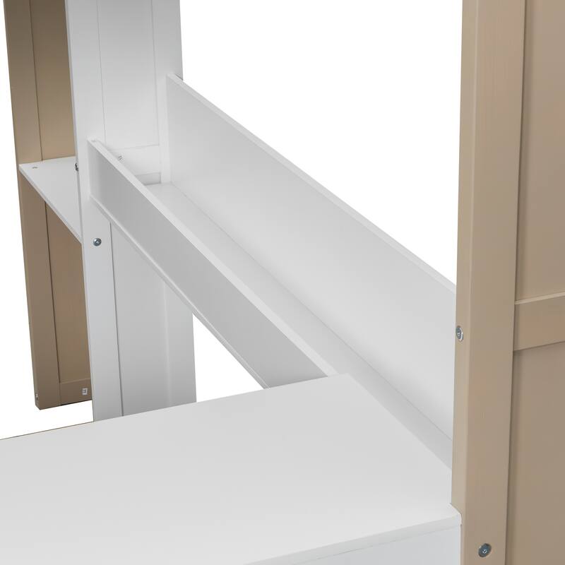 Full Size Wooden Loft Bed Frame with Built-in Storage Shelves, Open Cabinets, Clothes Rails and L-shape Desk