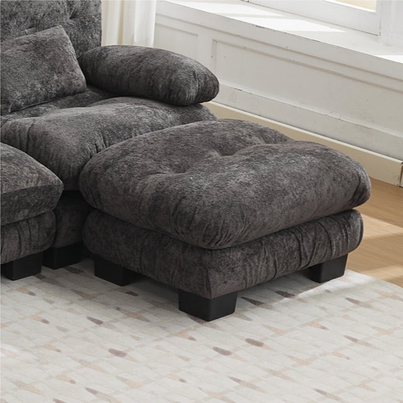 Modern Plush Faux Fur Ottoman Footstool with Solid Wood Legs
