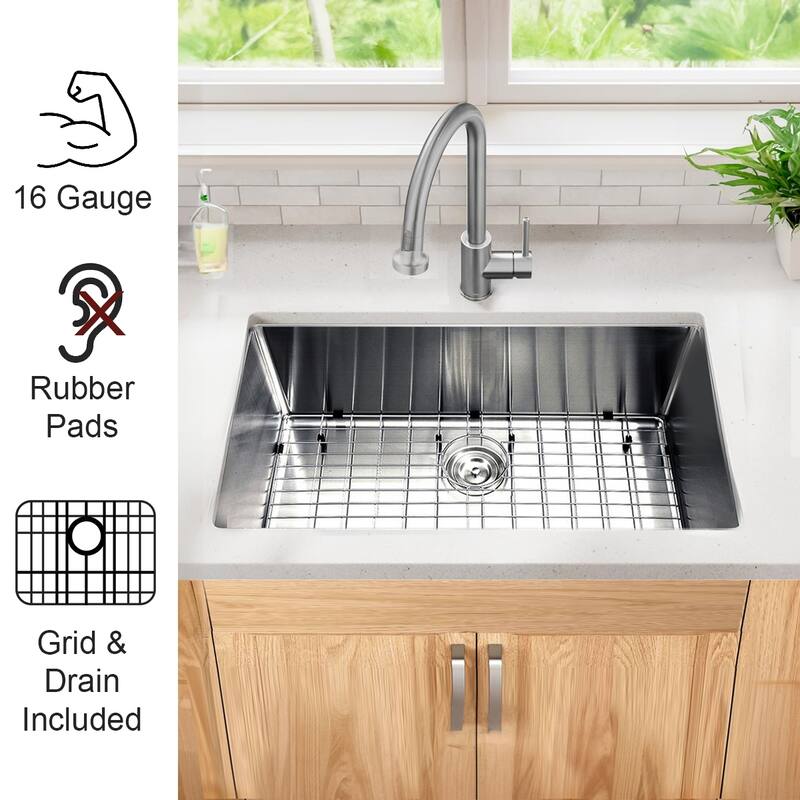 32 Inch Small Radius Undermount 16-Gauge Stainless Steel Kitchen Sink with Drain - 32 x 18 x 10"