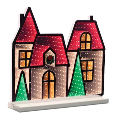 Acrylic Winter Village House with Infinity Lights and Pine Accents - 16” x 4” x 14.5” (L x W x H)
