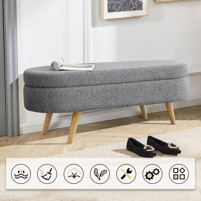 44" Beige Boucle Storage Ottoman Bench for Living Room Bedroom,Oval Storage Bench Ottoman Foot Rest Wood Legs