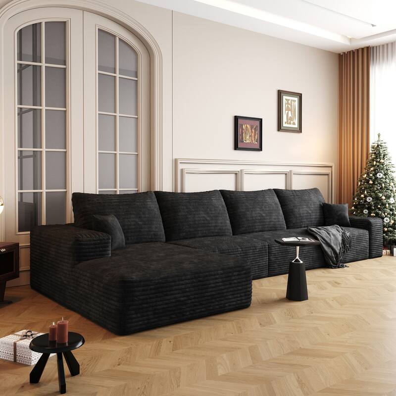 Modular Sectional Sofa with L-Shape Chaise, Oversized Corduroy Upholstered Cloud Sofa, High-Resilience Foam Floor Corner Sofa - Black