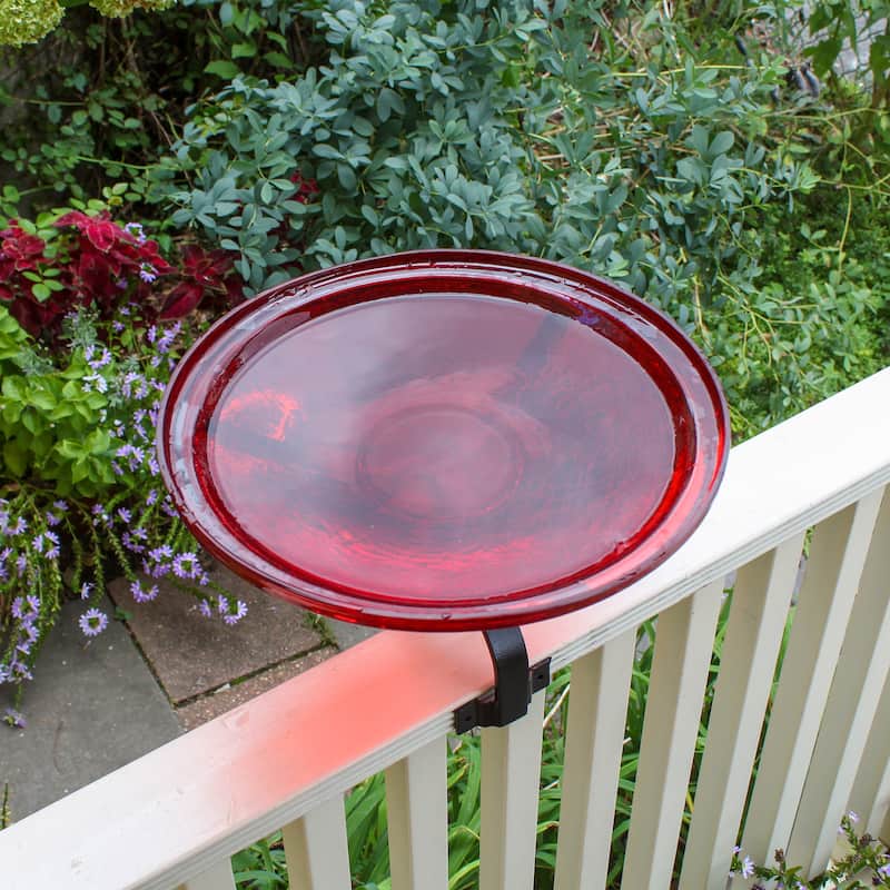 Achla Designs 14"Dia. Round Crackle Glass Birdbath w/Black Wrought Iron Over Rail Bracket