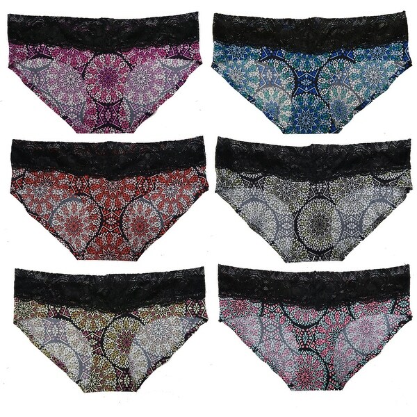 Women's 6 Pack Mirage Print Lace Band Laser Cut No-Show Bikini Panties