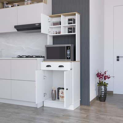 Microwave Storage Stand with 3-Doors and Drawer, White Finish