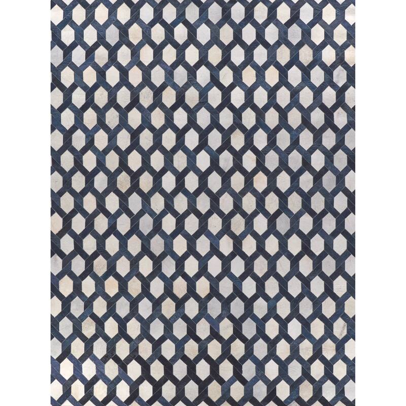 EXQUISITE RUGS Natural Hide Hand-stitched Leather Hide Silver/Blue Area Rug.