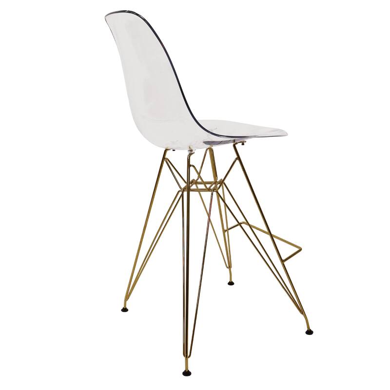 Cresco Acrylic Bar Stool with Gold Chrome Steel Base and Footrest - Counter Height Chair for Kitchen or Dining Area Set of 2